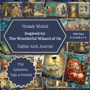 Vintage Wicked: Diário digital inspirado no maravilhoso Mágico de Oz - Scrapbooking, itens efêmeros gratuitos, download instantâneo, vários tamanhos.