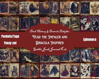 May include: A collage of 25 images featuring gothic and dark imagery, including castles, bats, skulls, and portraits of Vlad the Impaler and Dracula. The text "Dark History & Dracula Delights" and "Vlad the Impaler and Dracula Inspired Gothic Junk Journal Kit" is displayed on the collage.