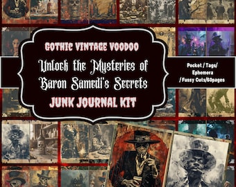 Può includere: Un collage di immagini vintage con un tema voodoo gotico. Il titolo "Gothic Vintage Voodoo" è visualizzato su uno stendardo rosso con un bordo nero. Il testo "Unlock the Mysteries of Baron Samedi's Secrets" è visualizzato su uno stendardo bianco con un bordo nero. Il testo "Junk Journal Kit" è visualizzato su uno stendardo rosso con un bordo nero. Il testo "Pocket/Tags/Ephemera/Fussy Cuts/60pages" è visualizzato su uno stendardo bianco con un bordo nero.