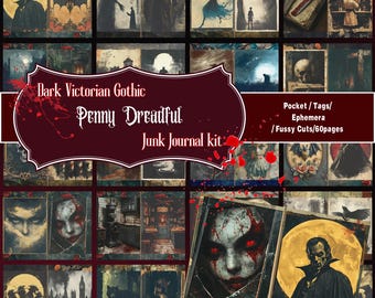 May include: A collage of 20 images featuring dark Victorian gothic and Penny Dreadful themes. The images include a variety of spooky and macabre scenes, such as a vampire, a haunted house, and a creepy doll. The collage is perfect for a junk journal kit.