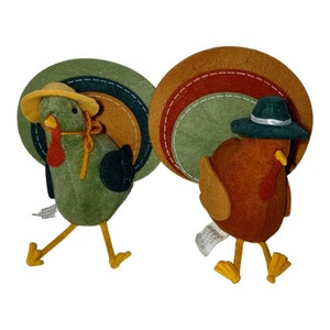 Set Of 2 Fabric Turkeys With Hats Fall Harvest Thanksgiving Seasonal Home Decor