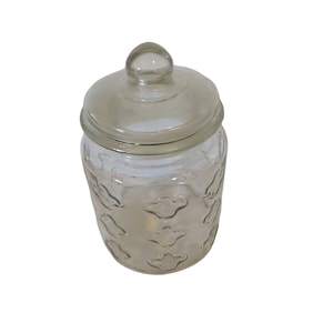 Vintage Embossed Glass Jar With Lid 8 Inches Tall Decorative Storage Container For Kitchen Or Pantry