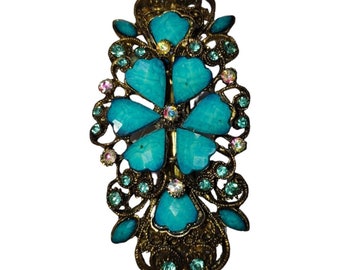 Vintage Ornate Gold & Turquoise Barrette With Rhinestones Womens Accessory