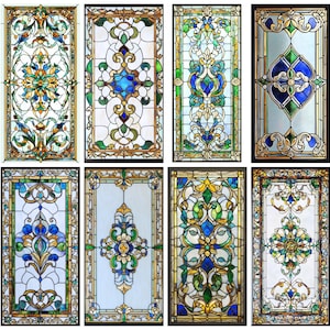 Victorian Stained Glass Window Film - Ornate Blue and Gold Floral Design