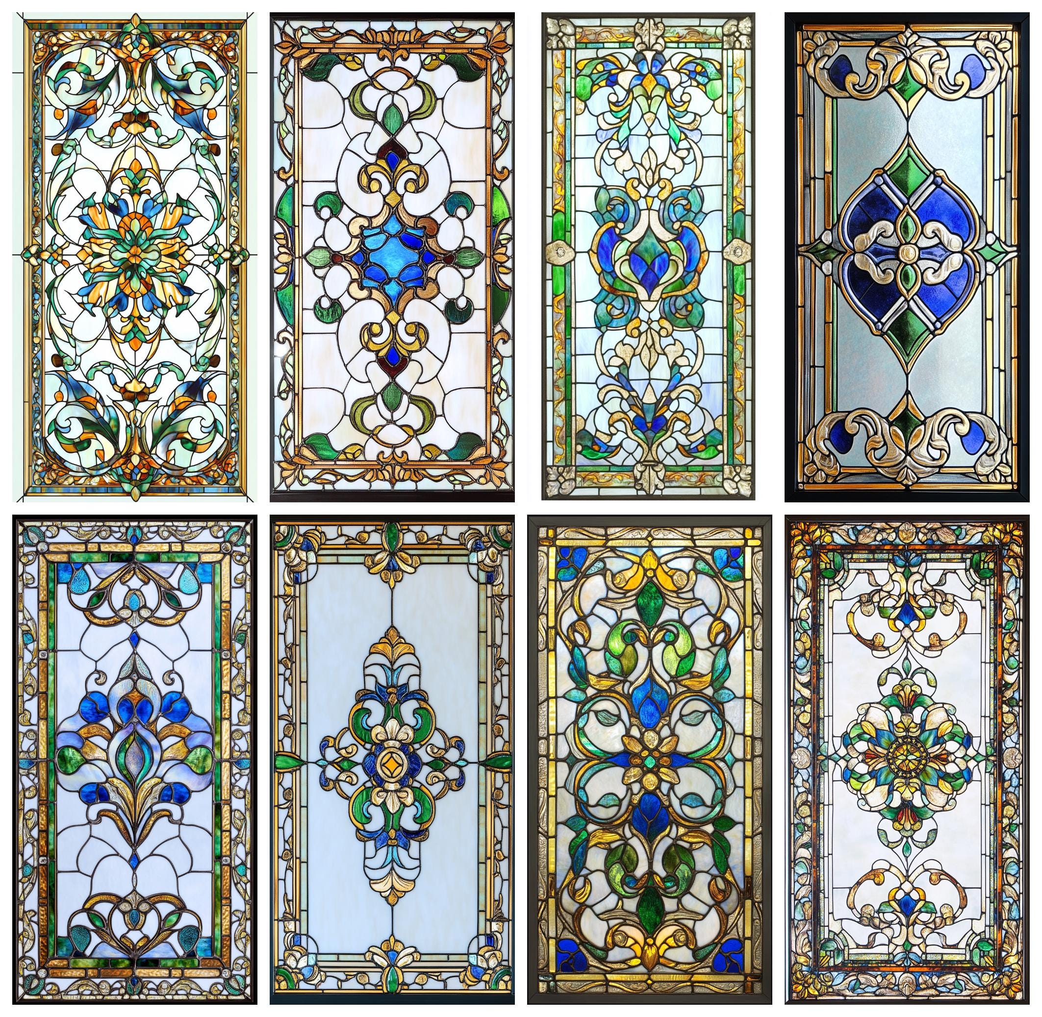 Victorian Stained Glass Window Film - Ornate Blue and Gold Floral Design