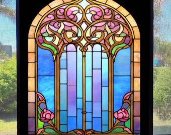 Art Deco Floral Stained Glass Window Film – Custom Size Privacy Cling, Vintage Style Door Window Cover for Home or Bathroom