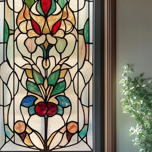Decorative Frosted Stained Glass Window Film – Colorful Flower Design Privacy Static Cling for Home Decor
