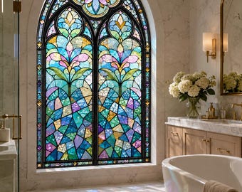 Gothic Stained Glass Window Film | Arched Privacy Window Cling | Colorful Floral Decorative Window Cover Custom Size