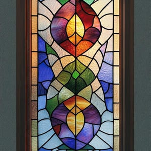 May include: A stained glass window with a symmetrical design. The window features a variety of colours, including red, orange, yellow, green, blue, and purple. The glass is divided into geometric shapes by black lines, creating an abstract floral pattern.