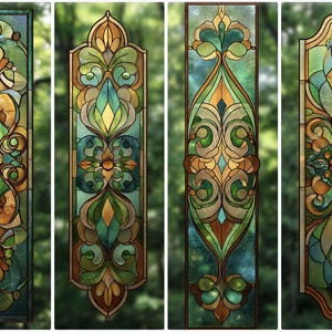 Custom Art Nouveau Stained Glass Window Film – Green & Amber Leaf Privacy Cling for Sidelight or Door Panel | No Glue Static Vinyl