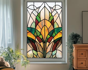 Art Deco Stained Glass Window Film – Privacy Frosted Decorative Glass Sticker, Static Cling for Home Decor