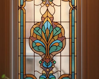 Custom European Stained Glass Window Film – Symmetrical Floral Privacy Cling, Vintage Amber Blue Green Design for Doors & Windows