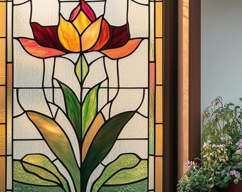 Folia na witraże – Żywy wzór tulipanów, matowa, statyczna folia zapewniająca prywatność w oknach domowych i biurowych