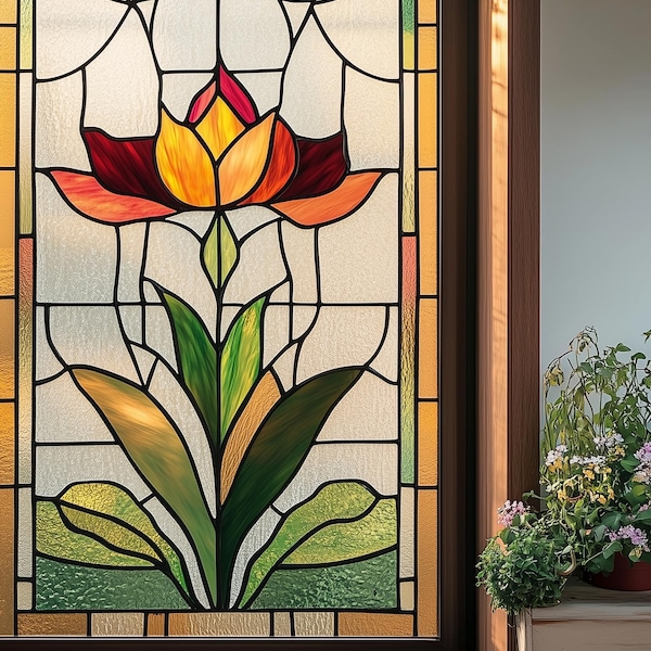 Pellicola per finestre effetto vetrata: vivace design con tulipani, pellicola statica satinata per la privacy, ideale per finestre di casa e ufficio.