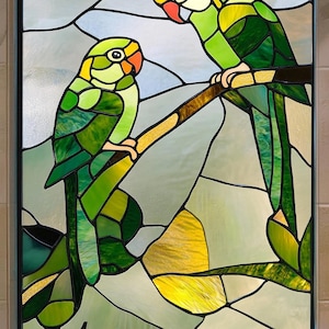 Custom Parrot Stained Glass Window Film – Tropical Green Birds Privacy Cling for Bathroom or Kitchen | No Glue Static Vinyl