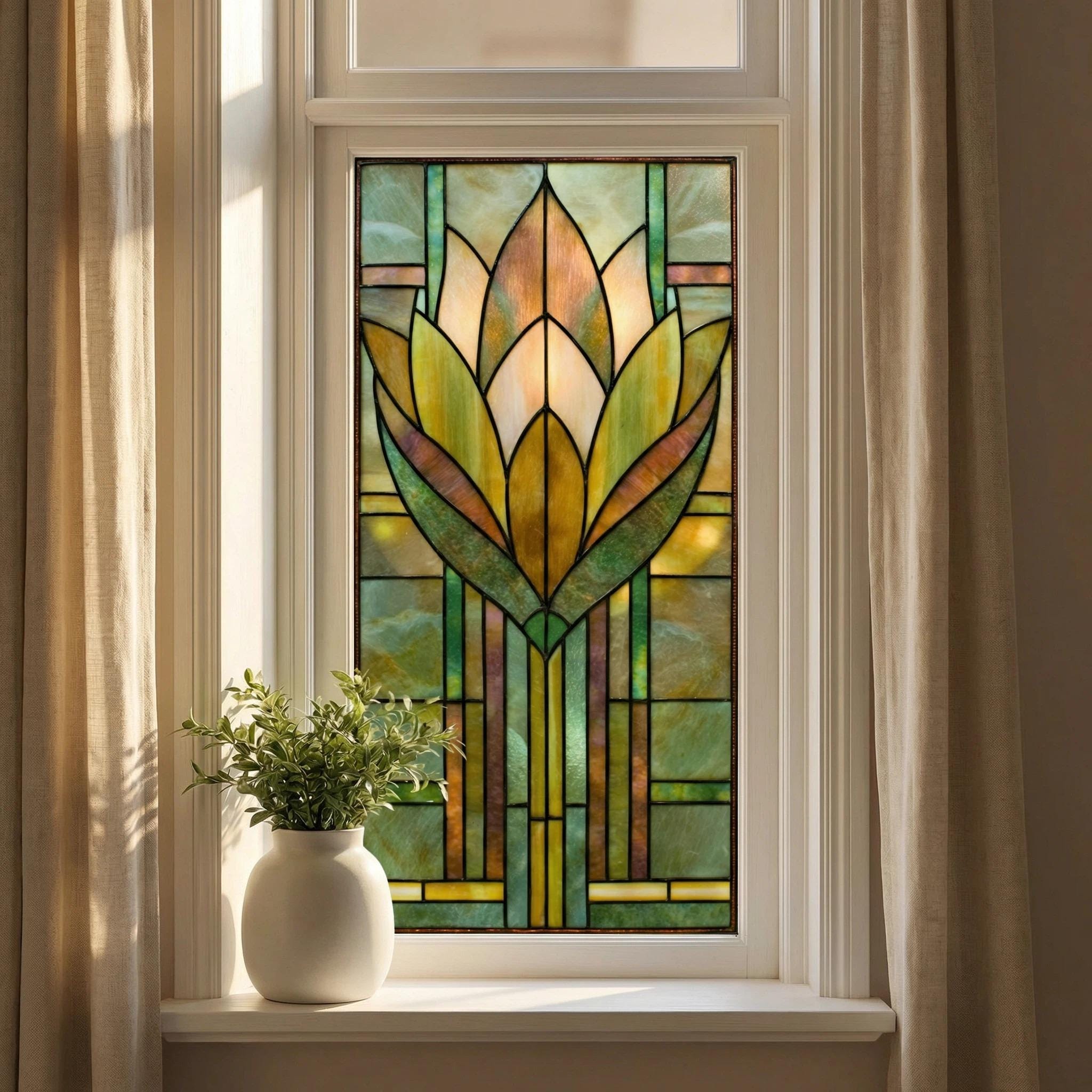 Jugendstil Lotus Glasmalerei-Fensterfolie | Statische Haftfolie Sichtschutz | Vintage Blumen Fenster Dekor für Zuhause