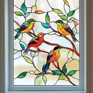 Colorful Birds on Tree Branches Stained Glass Window Film – Nature-Inspired Decorative Privacy Vinyl for Home Window & Door
