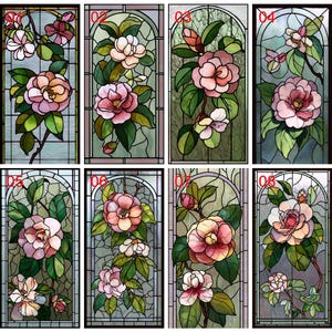 Double Camellia Stained Glass Window Film – Custom Floral Privacy Cling | Pink Botanical Bloom Design | Vintage Static Vinyl for Windows
