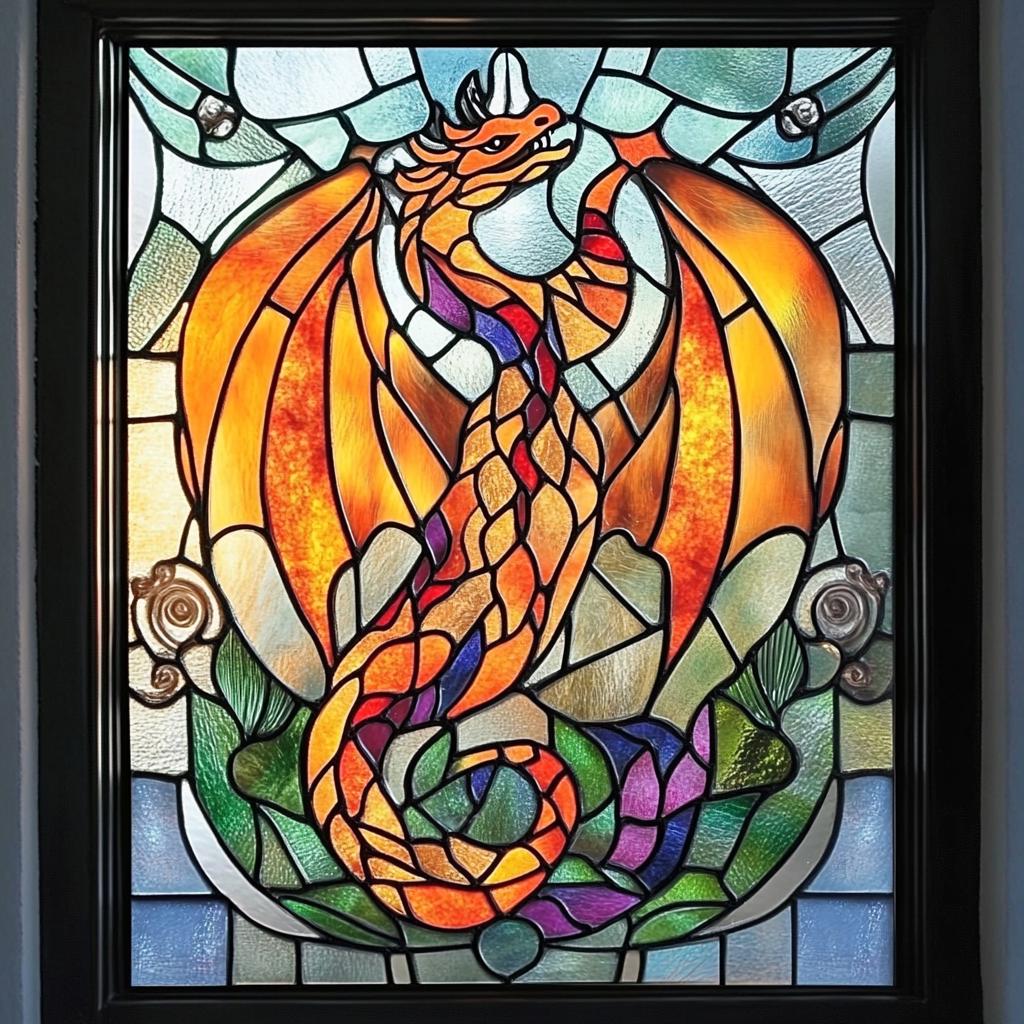 Custom Fire Dragon Stained Glass Window Film – Red & Orange Winged ...