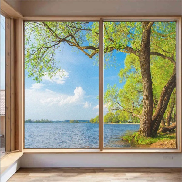 Serene Nature Window Film Privacy Lakeside Scene Frosted Glass Window Decal Non-Glue Static Cling Door Sticker