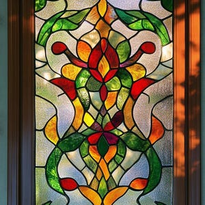 Colorful Stained Glass Window Film – Art Nouveau Floral Design Privacy Cling for Door or Window | Rainbow Glass Look | Static No-Glue Vinyl