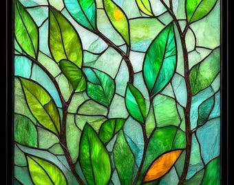 Película de vitral personalizada / Diseño colorido de hojas y enredaderas / Adhesivo para privacidad de ventanas / Calcomanía botánica vibrante