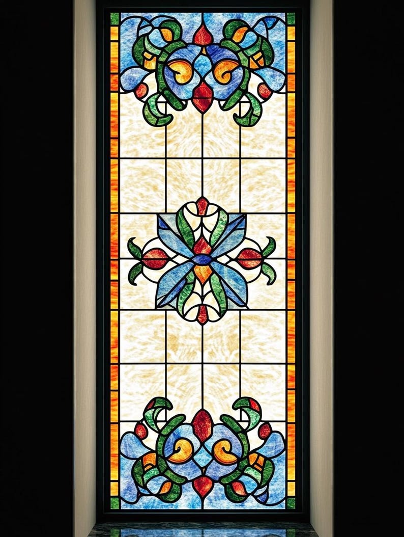 Custom Stained Glass Window Film – Blue Floral Vintage Panel for ...
