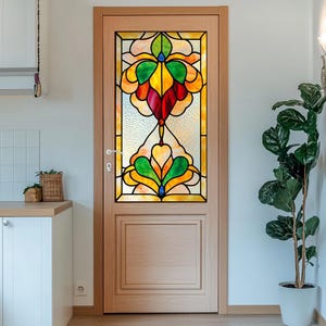 Colorful Flower Stained Glass Window Privacy Film for Front Door Frosted Static Cling No Glue Custom Size