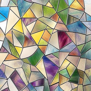 May include: A stained glass window design with a geometric pattern of various colors, including purple, blue, green, and yellow.