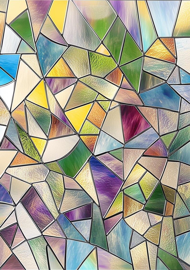 May include: A stained glass window design with a geometric pattern of various colors, including purple, blue, green, and yellow.