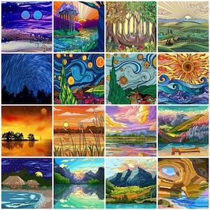 May include: A collage of 16 different digital art paintings featuring various landscapes, including starry nights, sunsets, forests, and mountains. Each painting is rendered in a unique style with vibrant colors and intricate details.