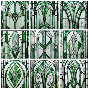 Custom Stained Glass Window Film – Emerald Green Diamond-Cut Gothic Panel Set | Art Deco Style Privacy Static Cling for Glass Door, Bathroom