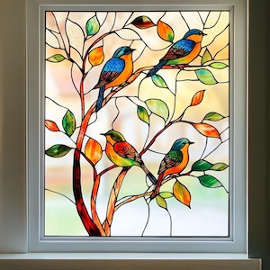 Four Birds on Tree Stained Glass Window Film – Colorful Nature-Inspired Static Cling Privacy Decor for Glass Doors and Windows