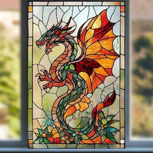 May include: Stained glass window featuring a colorful dragon design. The dragon is depicted with red, orange, green, and yellow hues, with intricate details. The artwork is framed with a dark border and set against a light background.