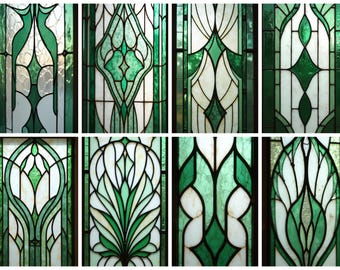 May include: Eight panels of stained glass with intricate designs. The panels feature a palette of green, white, and black, with geometric and floral patterns. The designs include leaf-like shapes and symmetrical arrangements, creating a decorative and artistic display.