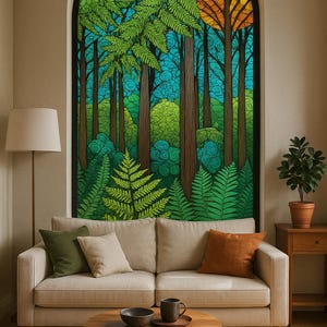 Custom Stained Glass Window Film – Vibrant Fern Forest with Golden Sunset for Living Room Décor