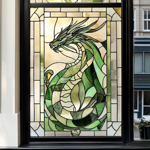 Drache Glas-Fontsfolie - Grüne orientalische Fabelwesen Sichtschutzfolie für Fenster oder Tür | Kein Kleber Vinyl