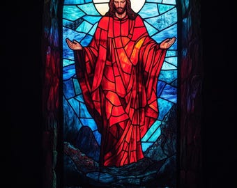 May include: A stained glass window depicting a figure of Jesus Christ in a red robe with outstretched arms, set against a blue and white background.