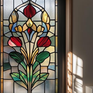 Stained Glass Window Film – Elegant Floral Tulip Design, Frosted Privacy Static Cling for Home and Office Decor