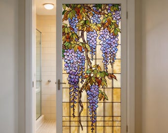 Wisteria Stained Glass Window Film Custom Size Available Bathroom Door Privacy Film Full Glass Door Cover Purple Floral Static Cling