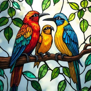 Custom Stained Glass Window Film – Colorful Tropical Birds on Tree Branch | Privacy Static Cling for Bathroom, Living Room, Kitchen, Balcony