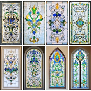 Victorian Floral Stained Glass Window Film - Classic Blue and Gold Design