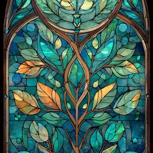 Könnte beinhalten: Buntglasfenster mit einem stilisierten Baum mit Blättern in Türkis, Grün und Gold. Das Design ist vor einem dunklen Hintergrund mit einem braunen Rahmen angeordnet. Das Kunstwerk erinnert an Natur und Kunst.