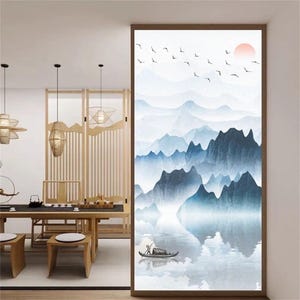 Ink Landscape Painting Privacy Film – Frosted Glass, Anti-UV, No Glue Static Cling for Glass Door Decoration at Home