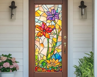 Vintage Stained Glass Window Privacy Film Art Deco Style Entry Door Static Cling Non-Adhesive