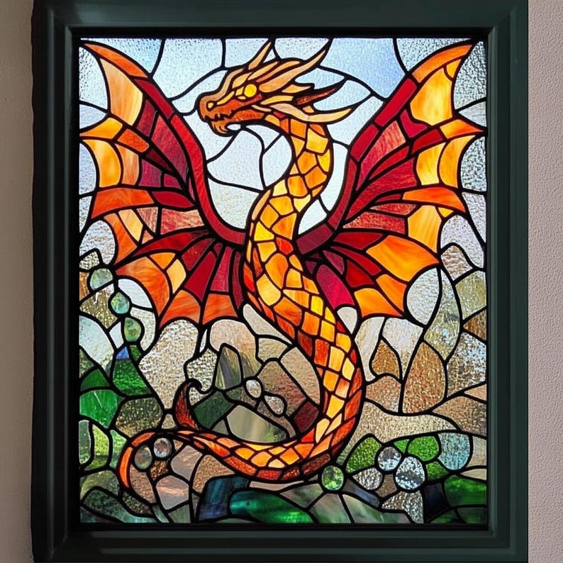 Custom Fire Dragon Stained Glass Window Film – Red & Orange Winged ...