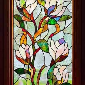Custom Magnolia Blossom Stained Glass Window Film – Floral Static Cling Vinyl for Privacy & Light Diffusion – Decorative Panel for Windows