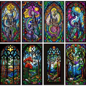 May include: A collection of eight stained glass panels. Four panels depict dragons with castles, set against colorful backgrounds. The other four panels show forest scenes with trees, animals, and a river. Each panel is framed with ornate borders.