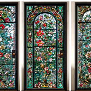 Custom Floral Stained Glass Door Film, Vibrant Botanical Design, Privacy and Decorative Cover for Home and Office