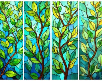 Custom Stained Glass Window Film | Vibrant Leafy Branch Design | Blue and Green Privacy Cling | Botanical Window Decal